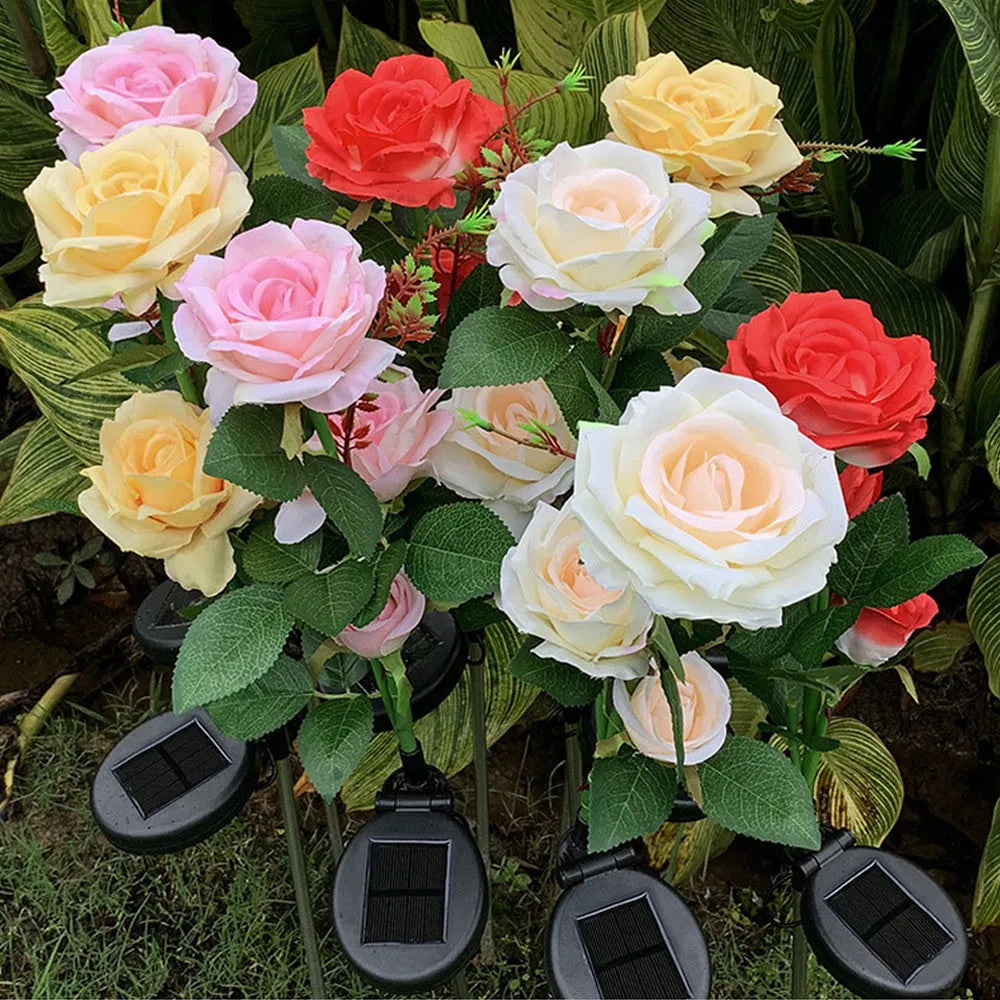 Solar rose garden ground lamp with three LED heads and 80cm height for courtyard lighting