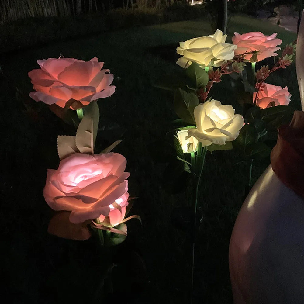 Solar rose garden ground lamp with three LED heads and 80cm height for courtyard lighting