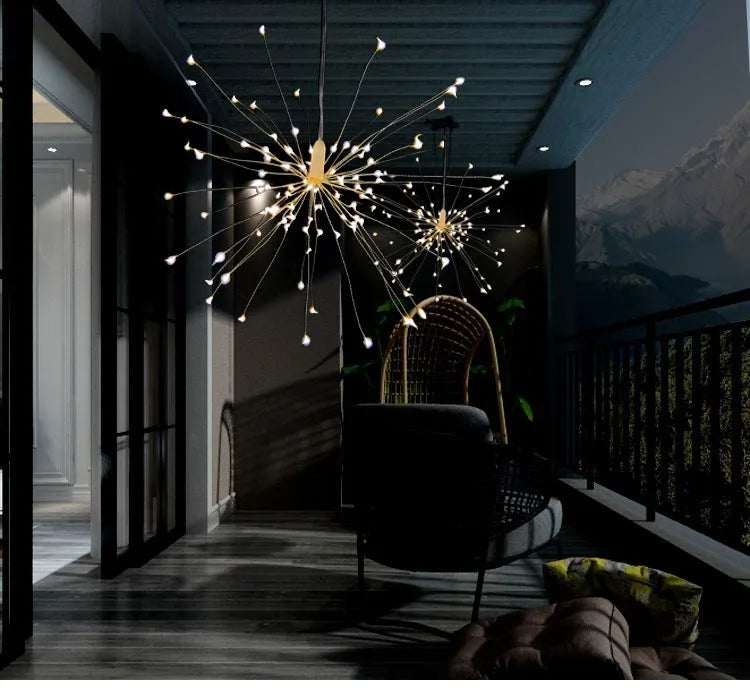 Solar-powered LED firework effect decorative hanging light with remote control for outdoor use.