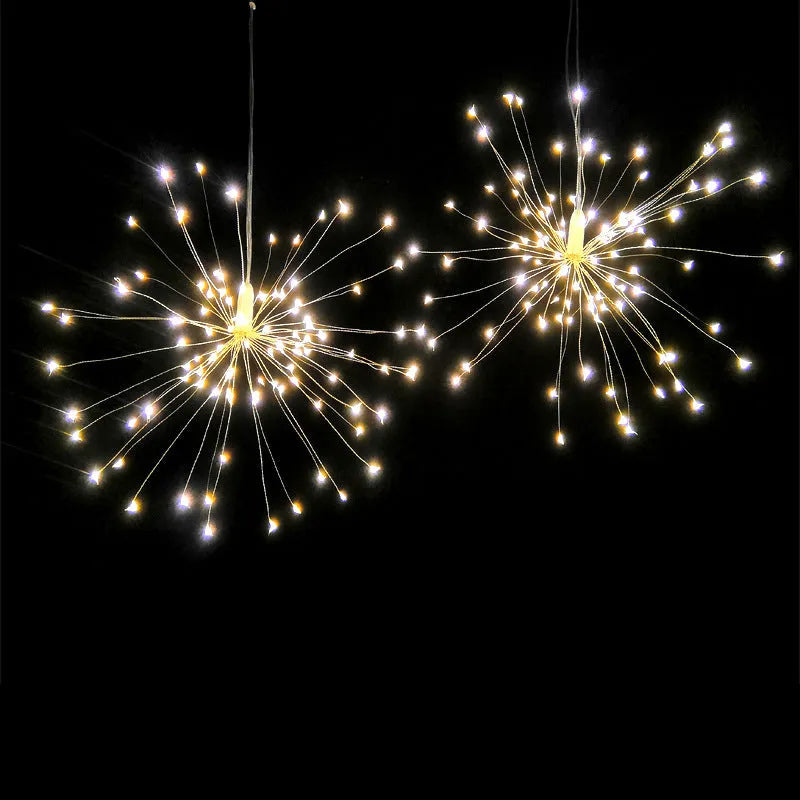 Solar-powered LED firework effect decorative hanging light with remote control for outdoor use.