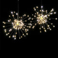 Solar-powered LED firework effect decorative hanging light with remote control for outdoor use.