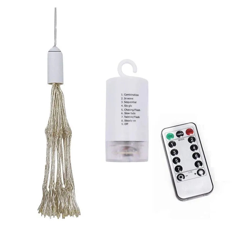 Solar-powered LED firework effect decorative hanging light with remote control for outdoor use.