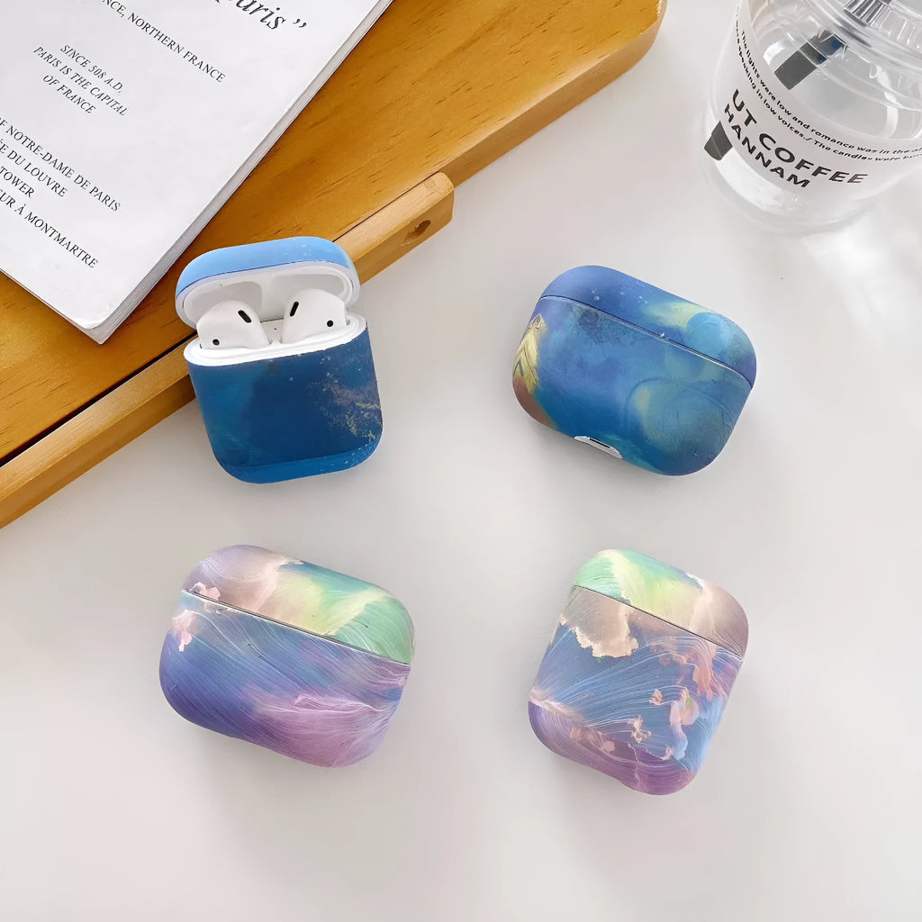 Pink and blue watercolour design hard plastic protective sleeve for Apple AirPods Pro and AirPods 1/2 charging case.