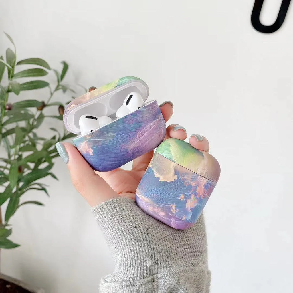 Pink and blue watercolour design hard plastic protective sleeve for Apple AirPods Pro and AirPods 1/2 charging case.