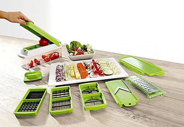 Green 12-piece manual food chopper set with stainless steel blades on a kitchen counter.