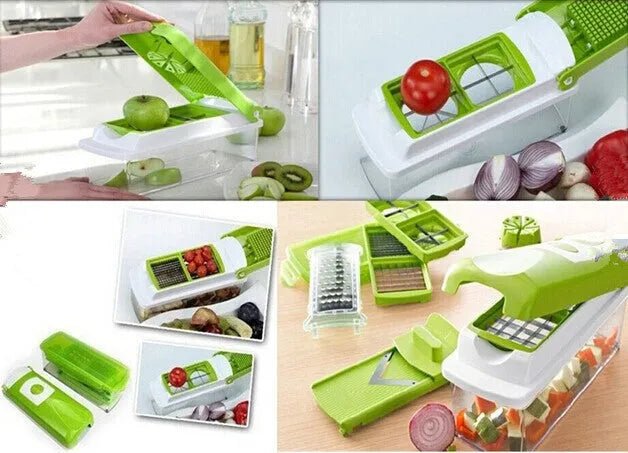 Green 12-piece manual food chopper set with stainless steel blades on a kitchen counter.