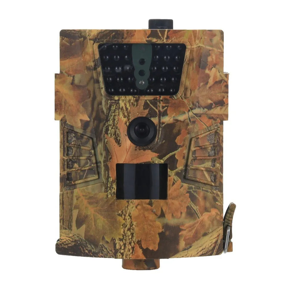 Orchard surveillance camera with compact housing showing lens and IR LEDs for night vision