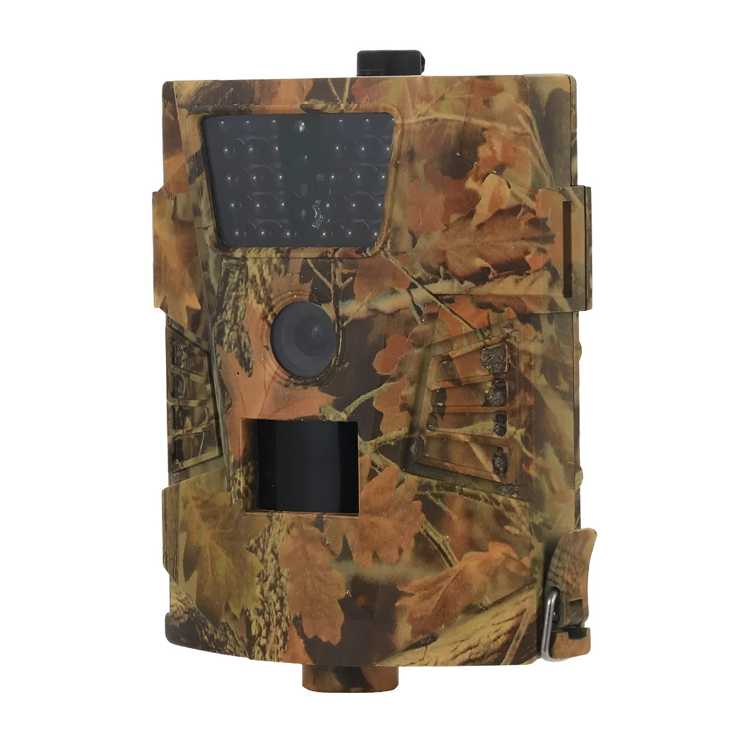 Orchard surveillance camera with compact housing showing lens and IR LEDs for night vision