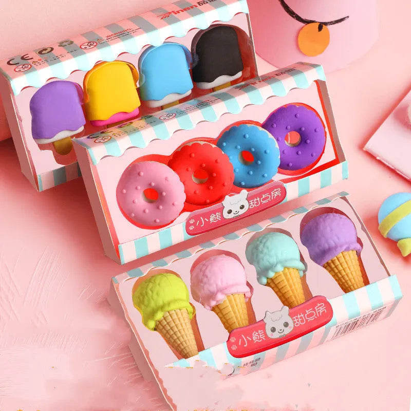 Set of 12 cartoon character rubber erasers with cone, ice cream, donut, and lollipop designs for children