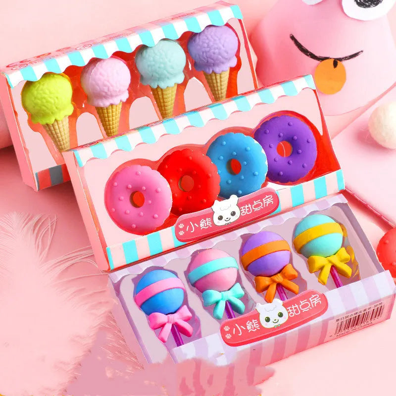 Set of 12 cartoon character rubber erasers with cone, ice cream, donut, and lollipop designs for children