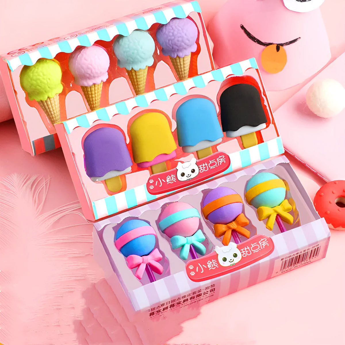 Set of 12 cartoon character rubber erasers with cone, ice cream, donut, and lollipop designs for children