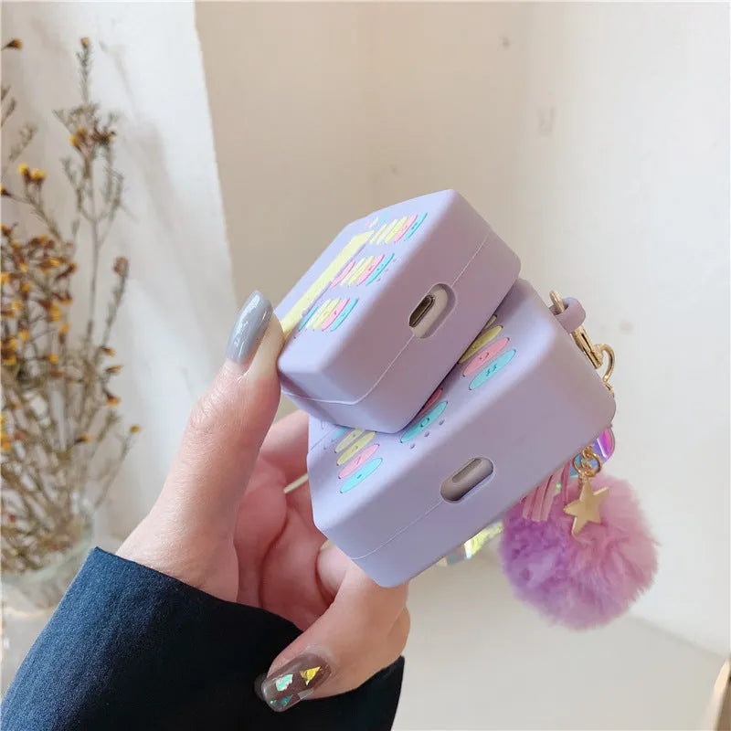 Purple silicone case for Apple AirPods Pro and AirPods 1 2 with fur ball pendant