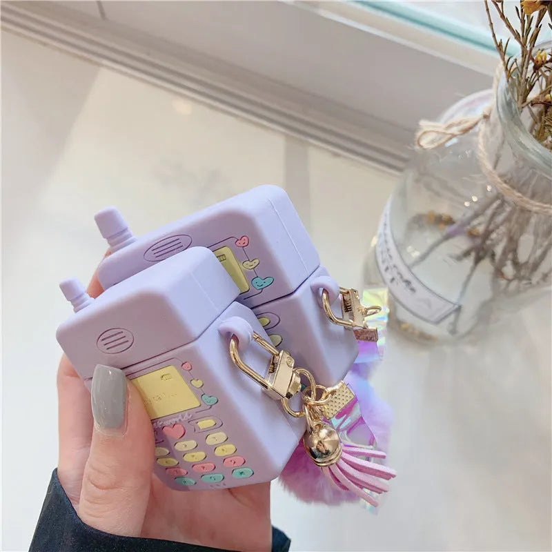 Purple silicone case for Apple AirPods Pro and AirPods 1 2 with fur ball pendant