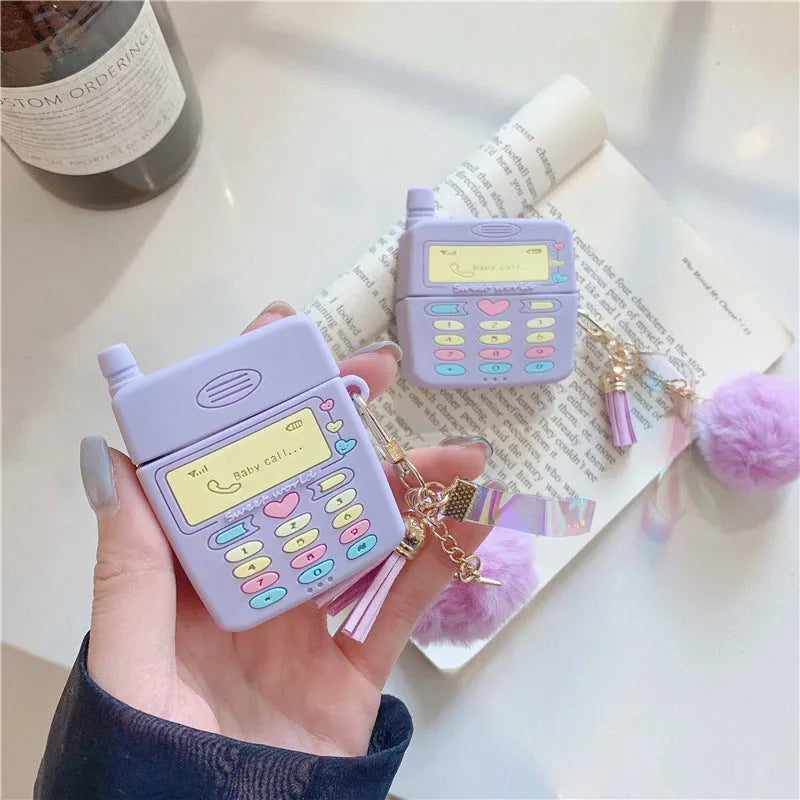 Purple silicone case for Apple AirPods Pro and AirPods 1 2 with fur ball pendant