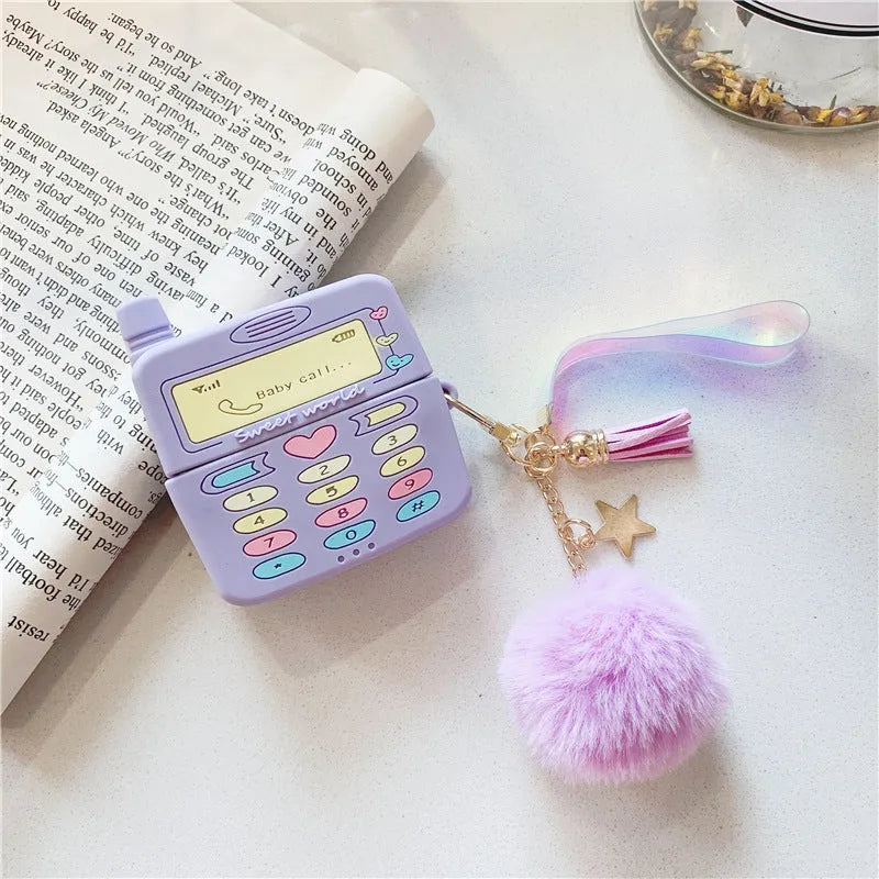 Purple silicone case for Apple AirPods Pro and AirPods 1 2 with fur ball pendant