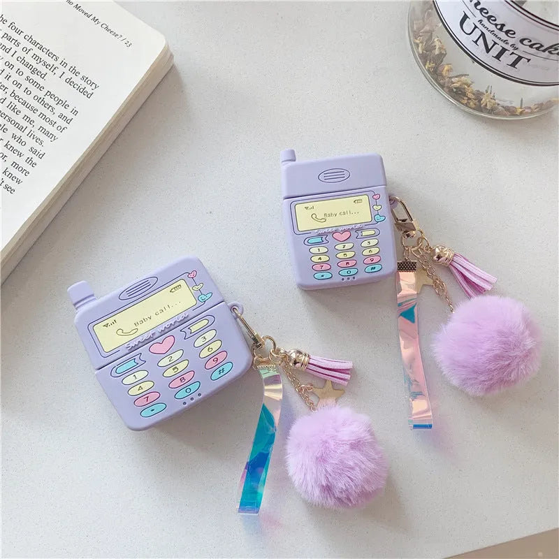 Purple silicone case for Apple AirPods Pro and AirPods 1 2 with fur ball pendant