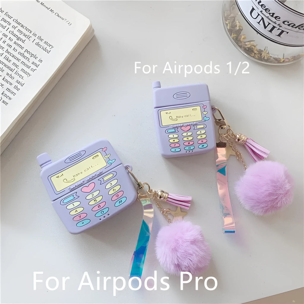 Purple silicone case for Apple AirPods Pro and AirPods 1 2 with fur ball pendant