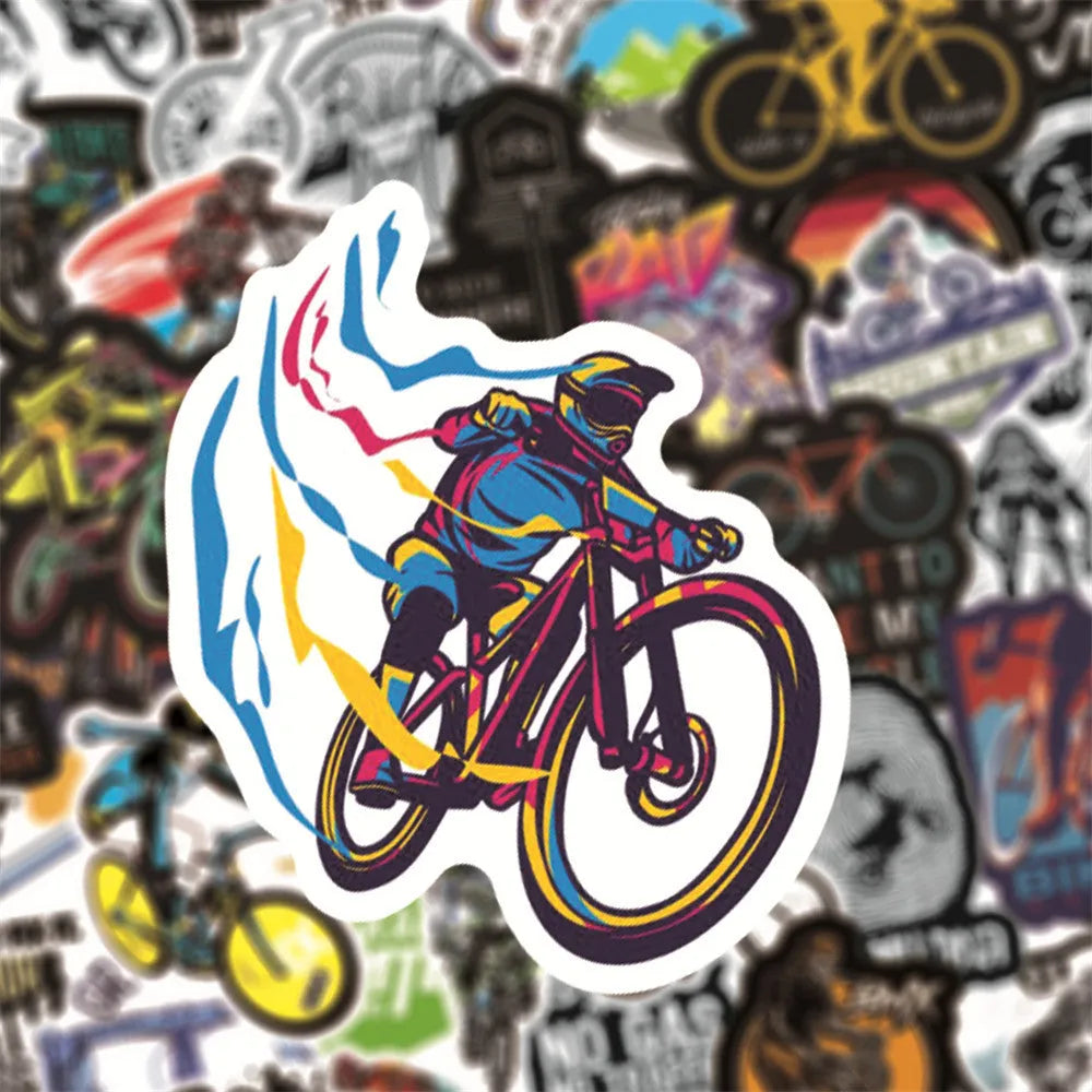 Pack of 50 colourful bicycle-themed decal stickers for mountain bikes and personal items.