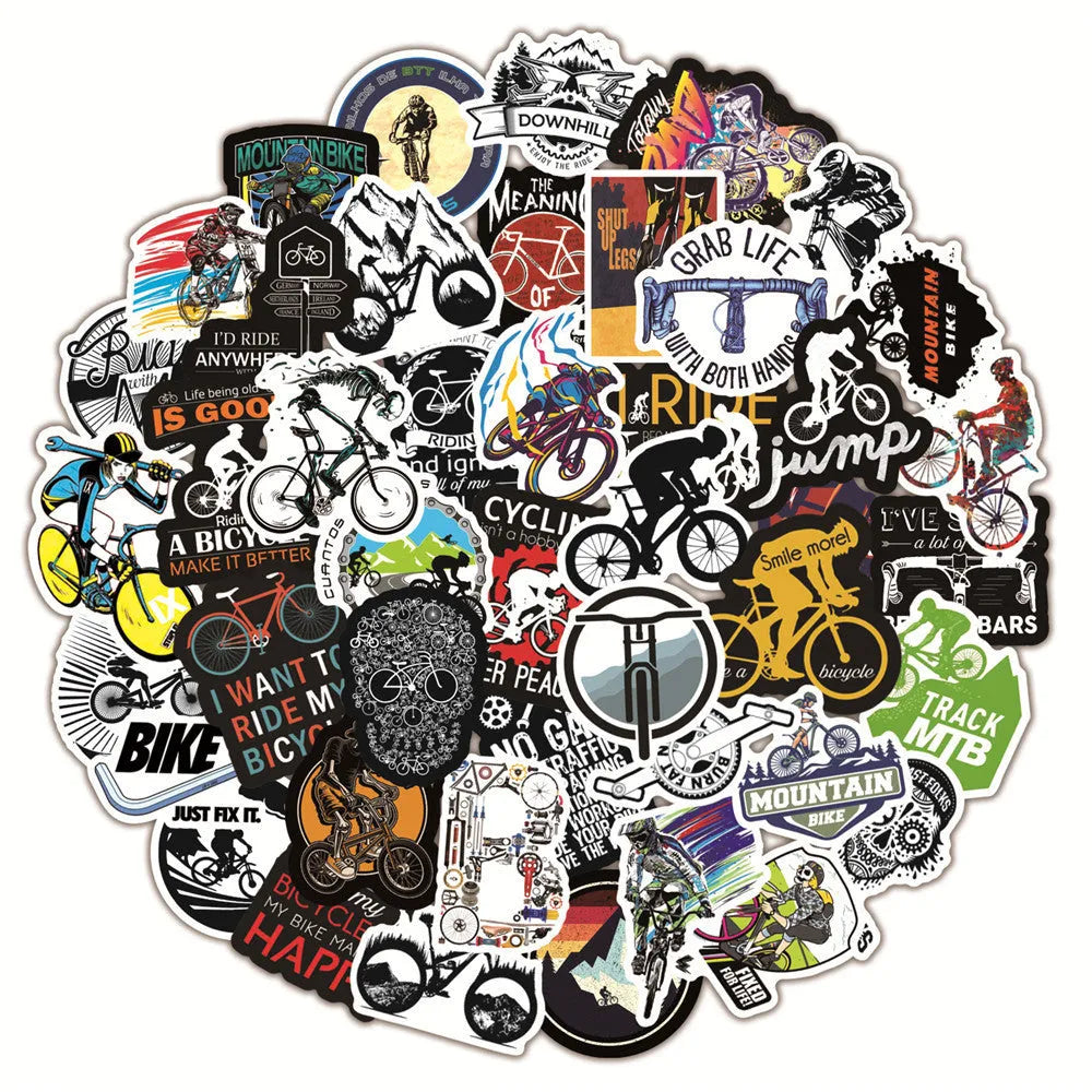 Pack of 50 colourful bicycle-themed decal stickers for mountain bikes and personal items.