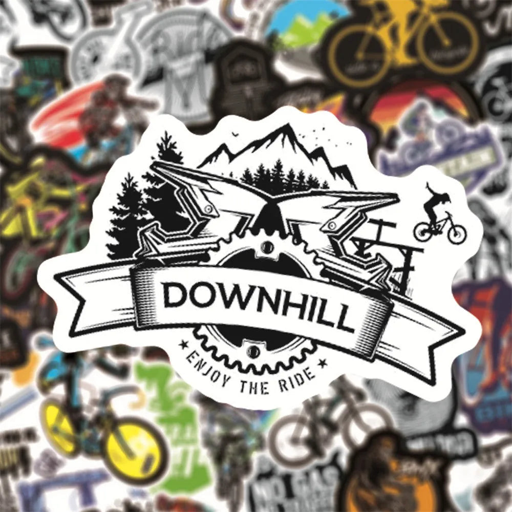 Pack of 50 colourful bicycle-themed decal stickers for mountain bikes and personal items.