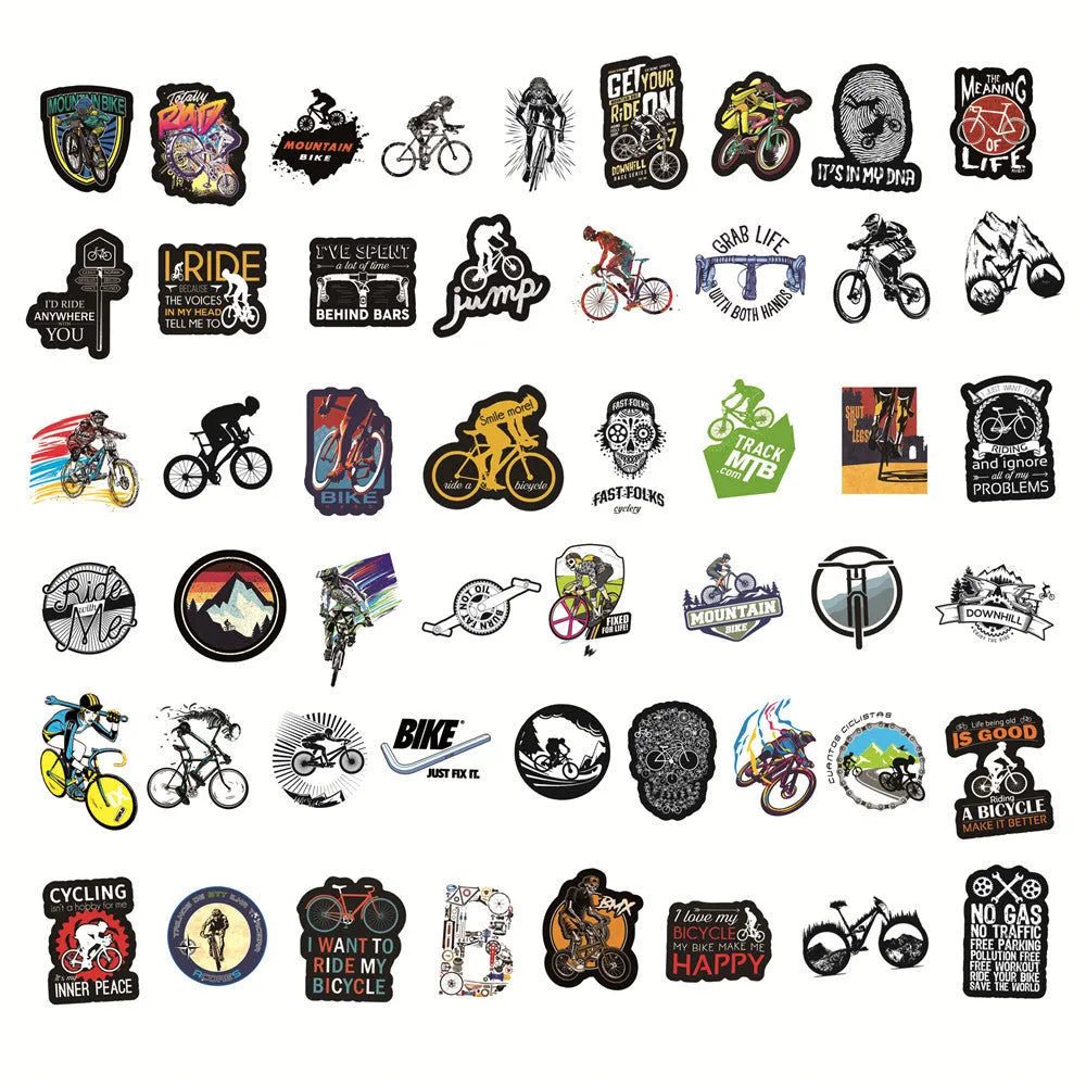 Pack of 50 colourful bicycle-themed decal stickers for mountain bikes and personal items.