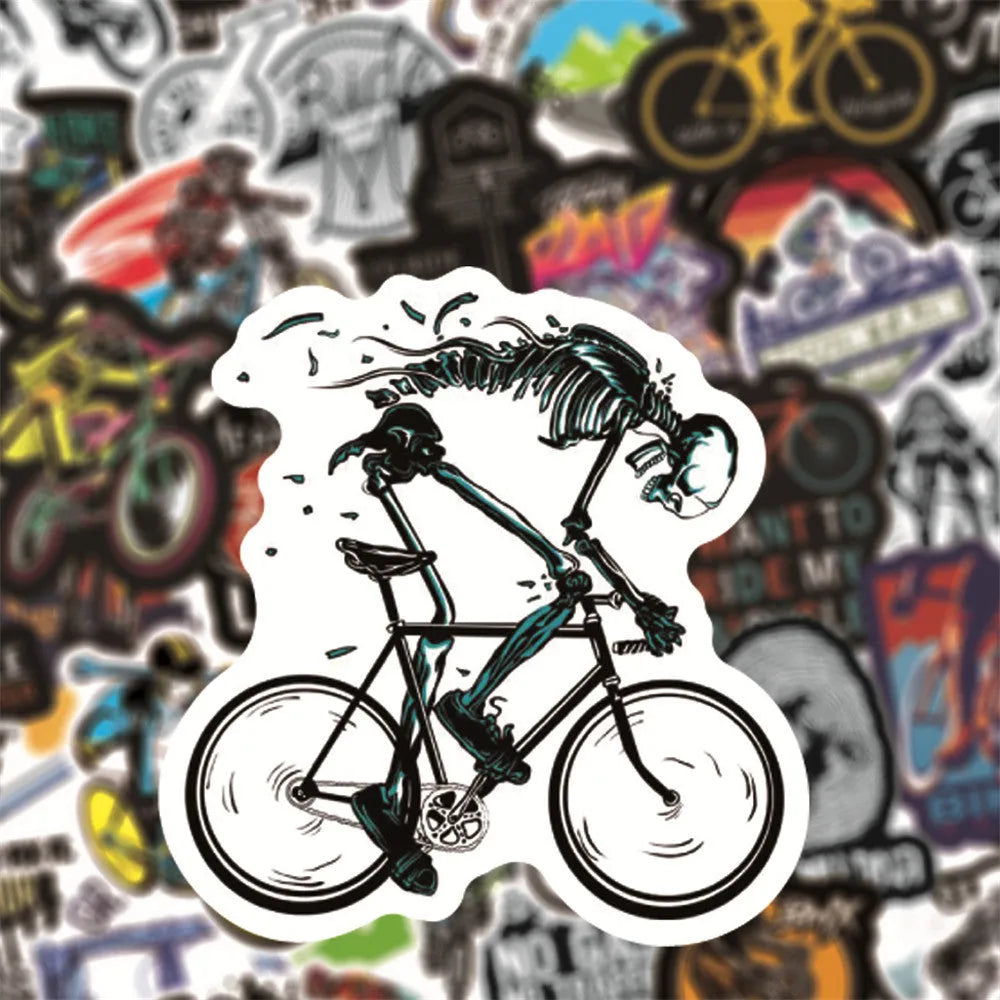 Pack of 50 colourful bicycle-themed decal stickers for mountain bikes and personal items.