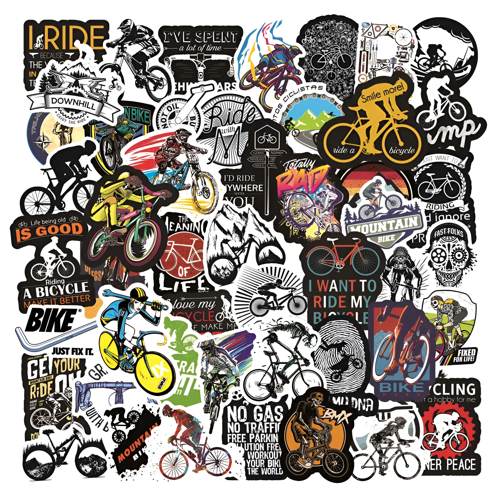 Pack of 50 colourful bicycle-themed decal stickers for mountain bikes and personal items.