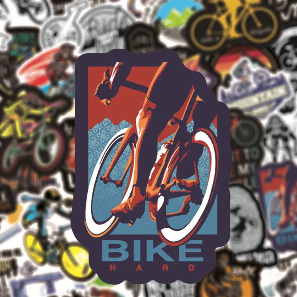 Pack of 50 colourful bicycle-themed decal stickers for mountain bikes and personal items.