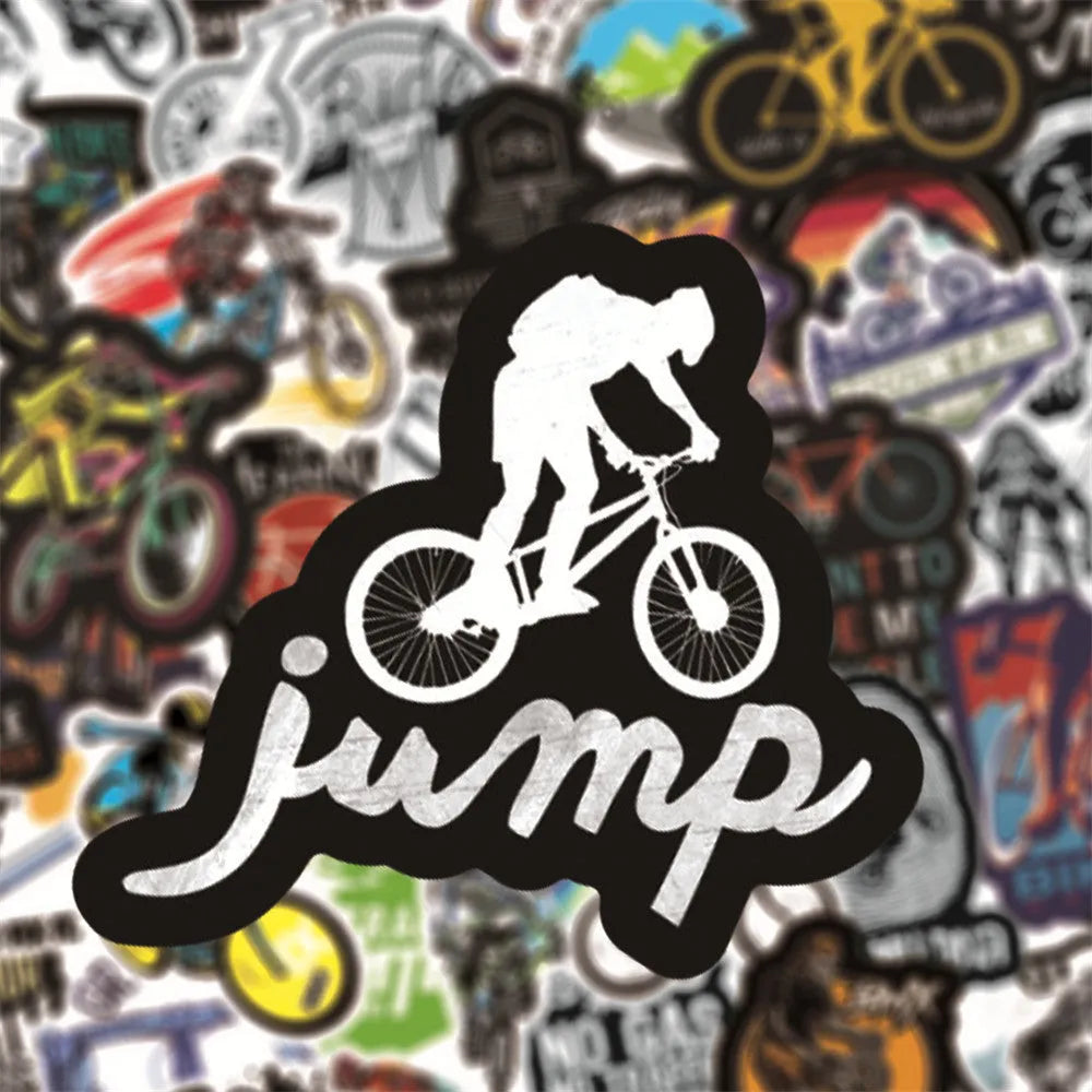 Pack of 50 colourful bicycle-themed decal stickers for mountain bikes and personal items.