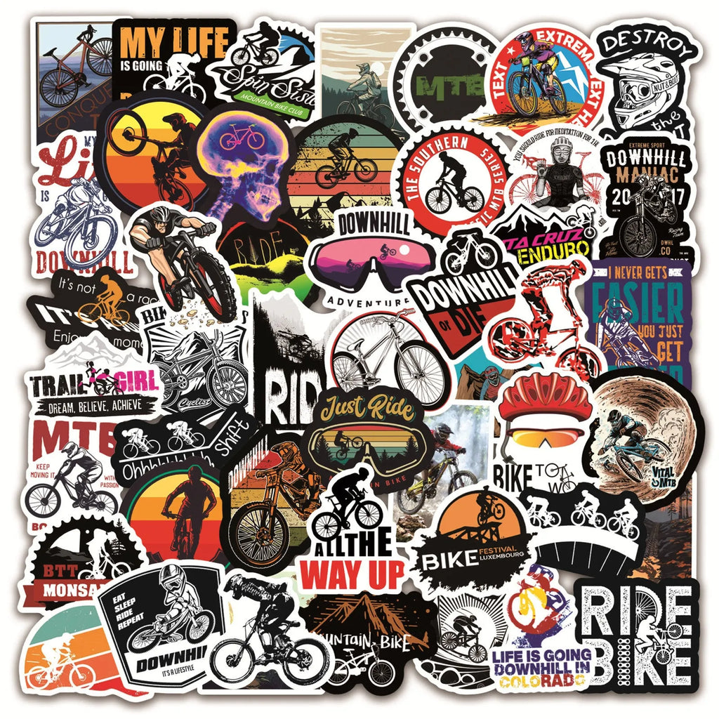 Pack of 50 colourful bicycle-themed decal stickers for mountain bikes and personal items.