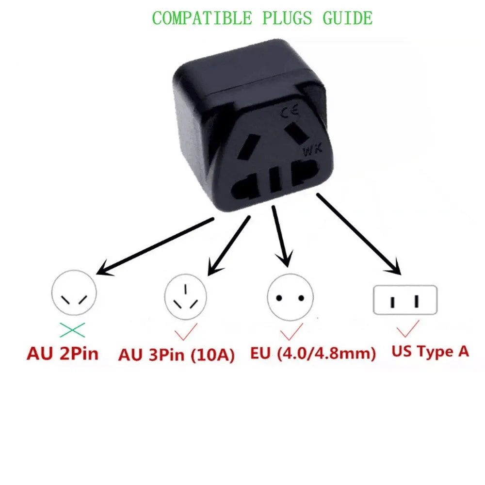Square international power adapter with five output sockets in black or white colour