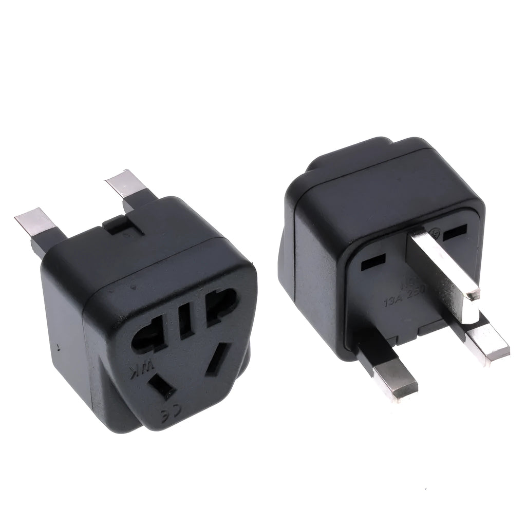 Square international power adapter with five output sockets in black or white colour
