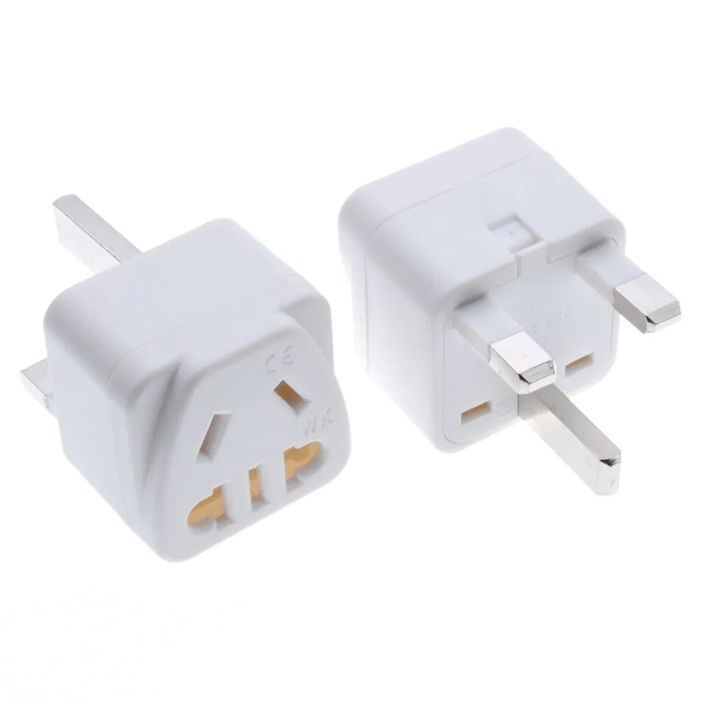 Square international power adapter with five output sockets in black or white colour