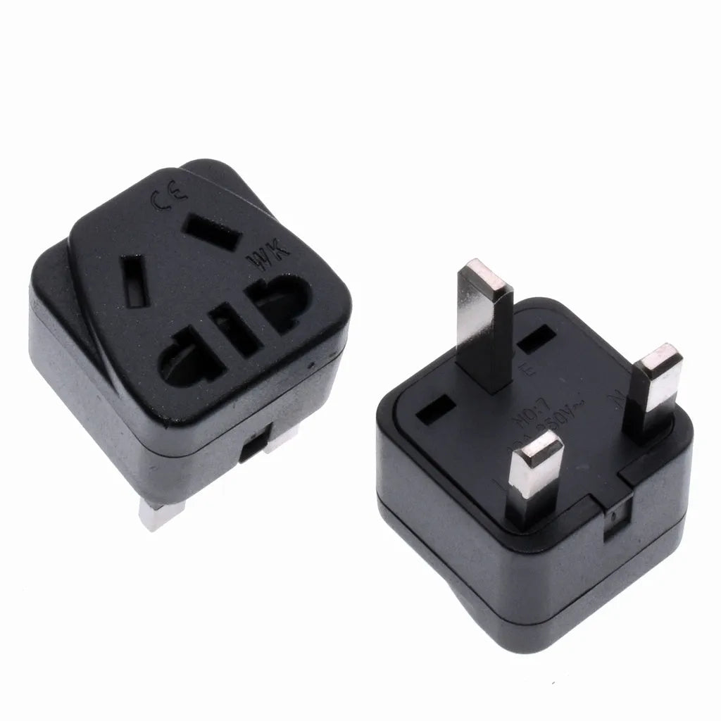 Square international power adapter with five output sockets in black or white colour