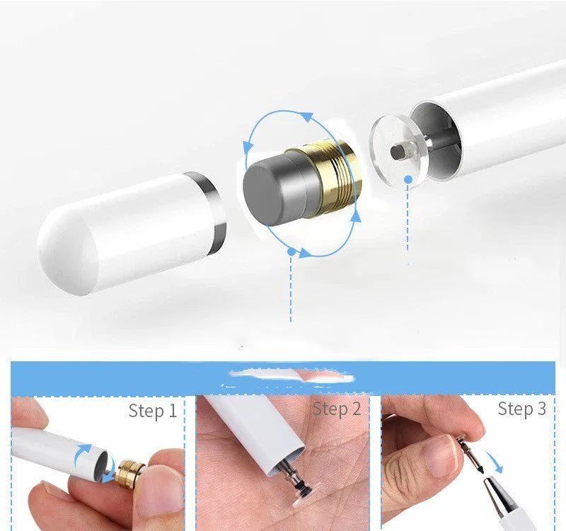 Metal capacitive stylus pen with magnetic cap and transparent tip for iPad and Android tablets.