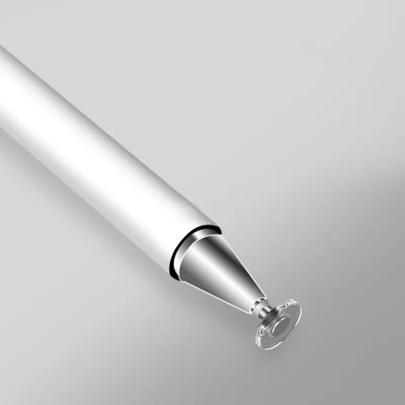 Metal capacitive stylus pen with magnetic cap and transparent tip for iPad and Android tablets.