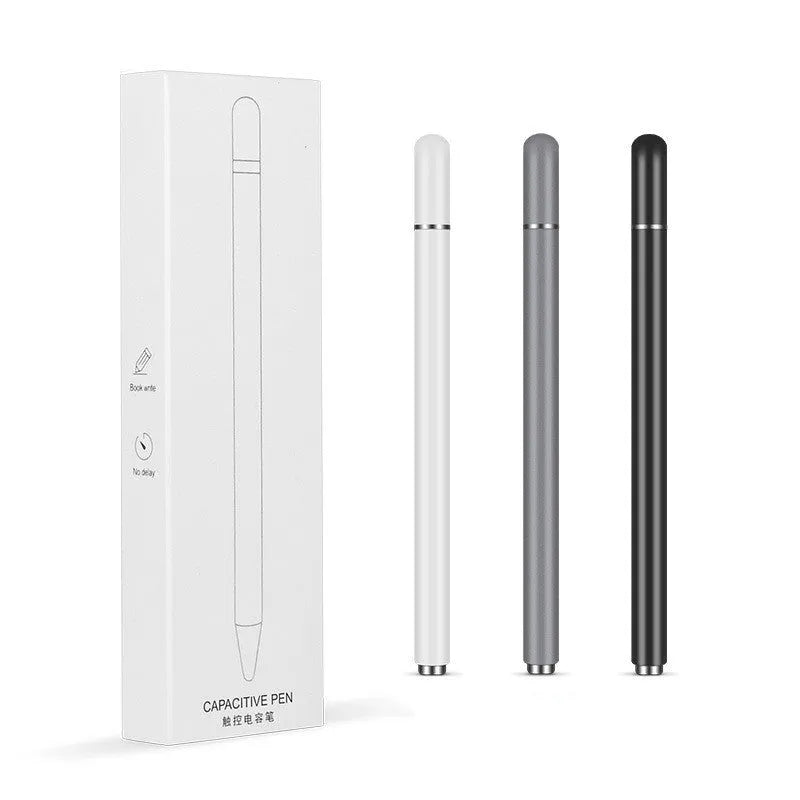 Metal capacitive stylus pen with magnetic cap and transparent tip for iPad and Android tablets.