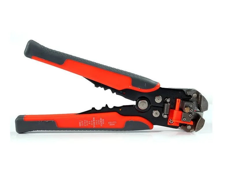 Yellow automatic wire stripper crimper cutter multitool with adjustment screw and alloy steel jaws
