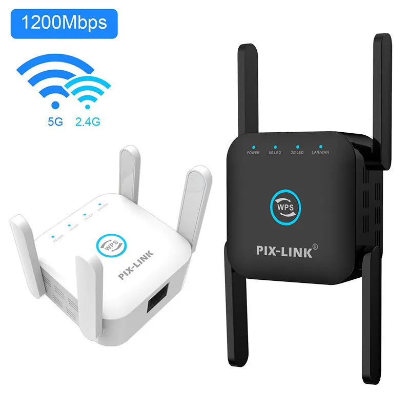 PIXLINK AC24 white and black dual band wireless WiFi extender router with international power plugs