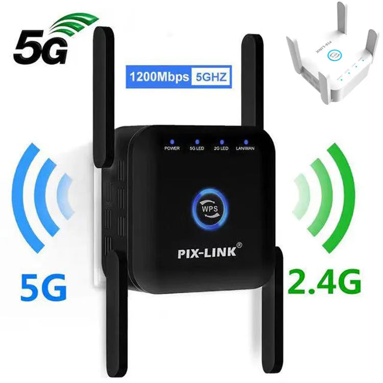PIXLINK AC24 white and black dual band wireless WiFi extender router with international power plugs