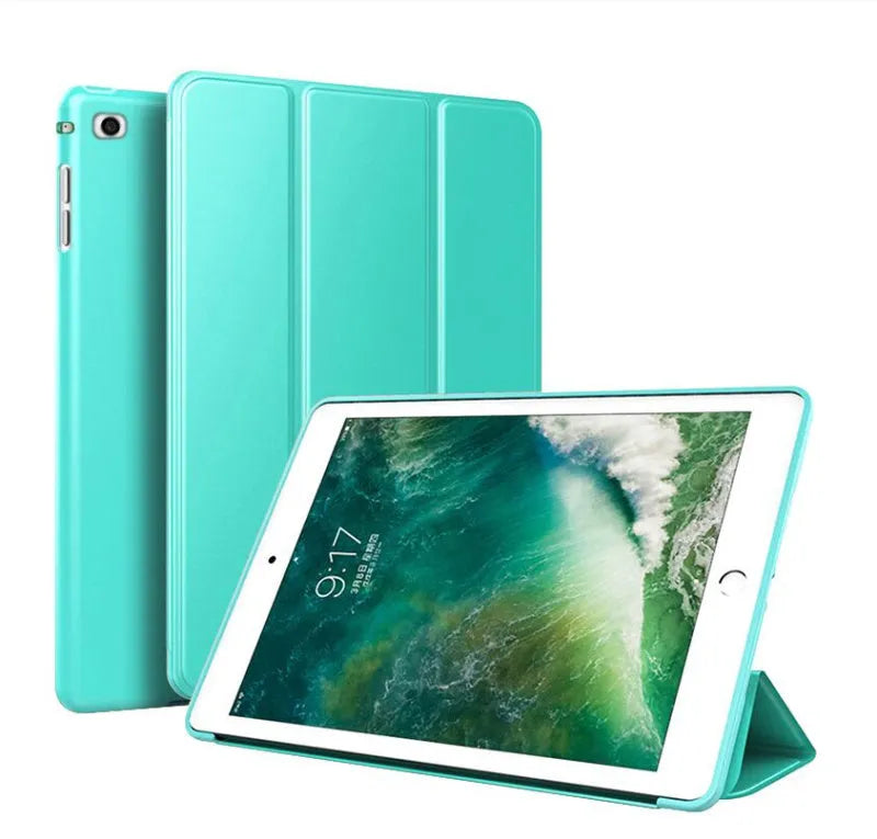 iPad Air 2 protective sleeve with silicone stand in clamshell design showing black, red, green, pink, gold, and blue colour options
