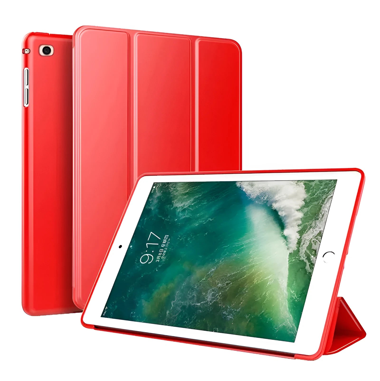 iPad Air 2 protective sleeve with silicone stand in clamshell design showing black, red, green, pink, gold, and blue colour options