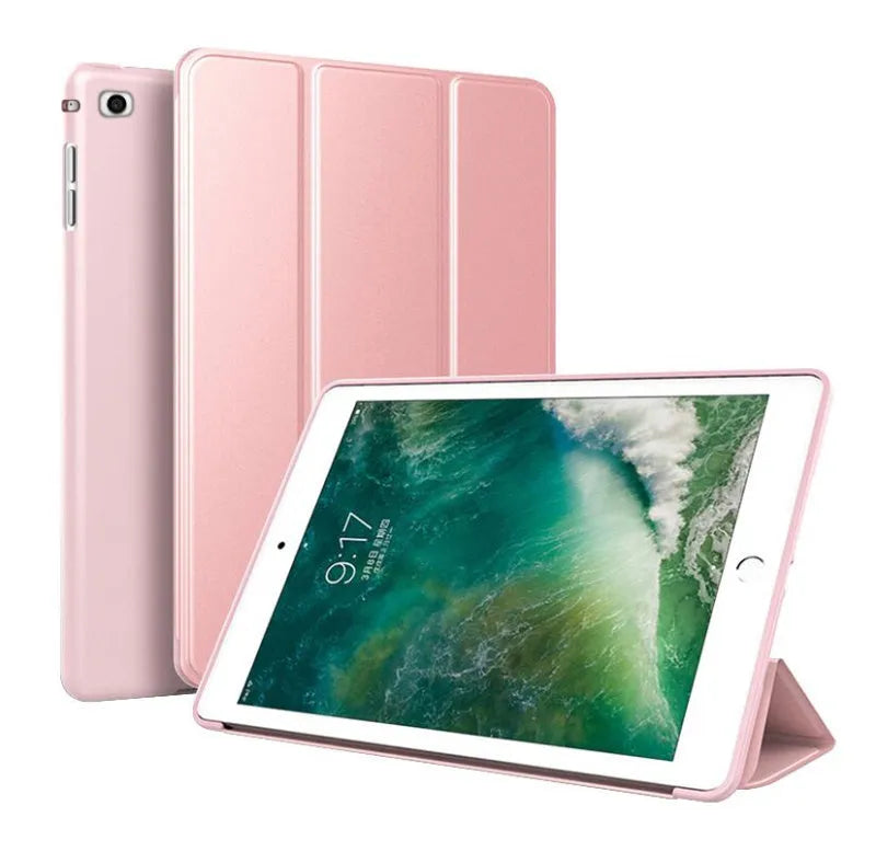 iPad Air 2 protective sleeve with silicone stand in clamshell design showing black, red, green, pink, gold, and blue colour options