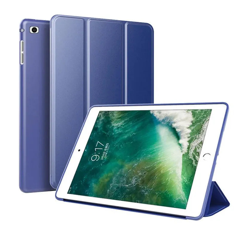 iPad Air 2 protective sleeve with silicone stand in clamshell design showing black, red, green, pink, gold, and blue colour options