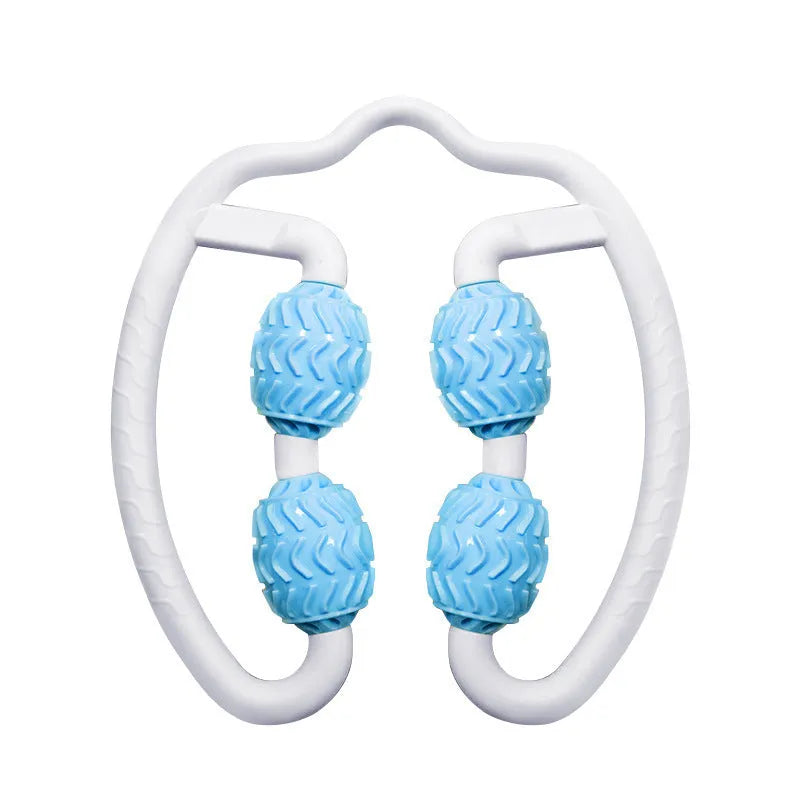 Purple and pink annular silicone leg massage roller for fitness recovery.