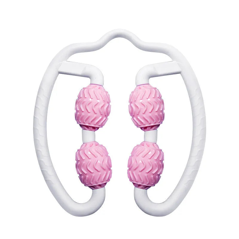 Purple and pink annular silicone leg massage roller for fitness recovery.