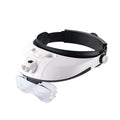 LED headband magnifier with five interchangeable acrylic lenses and dual LED lights for hands-free detailed work