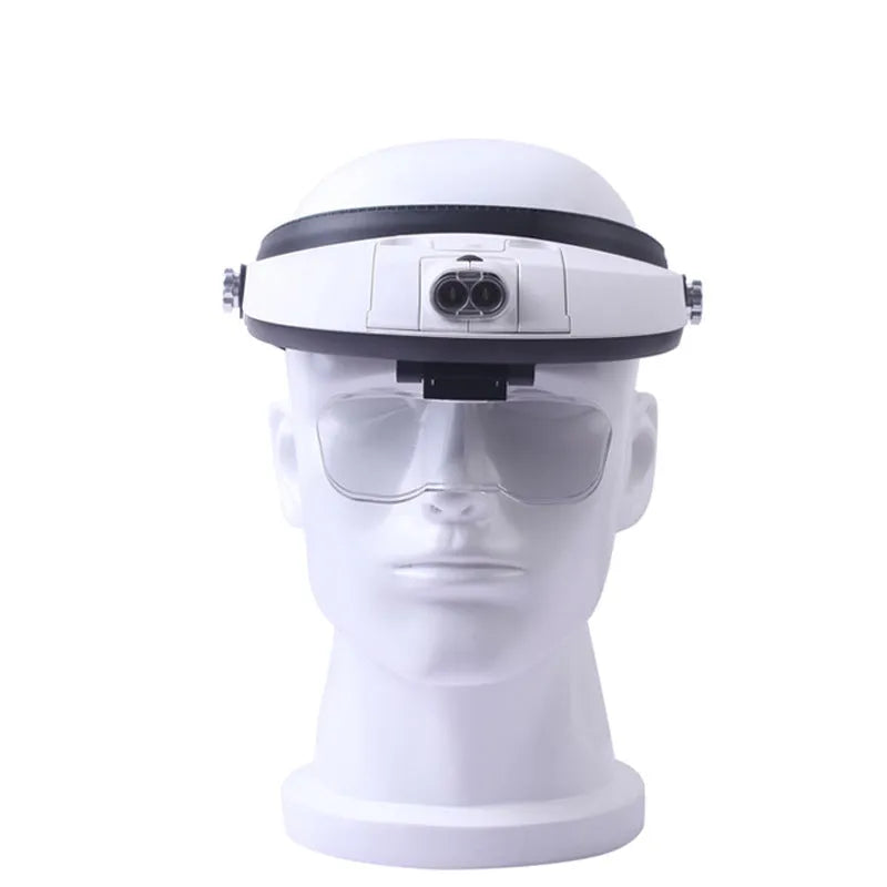 LED headband magnifier with five interchangeable acrylic lenses and dual LED lights for hands-free detailed work