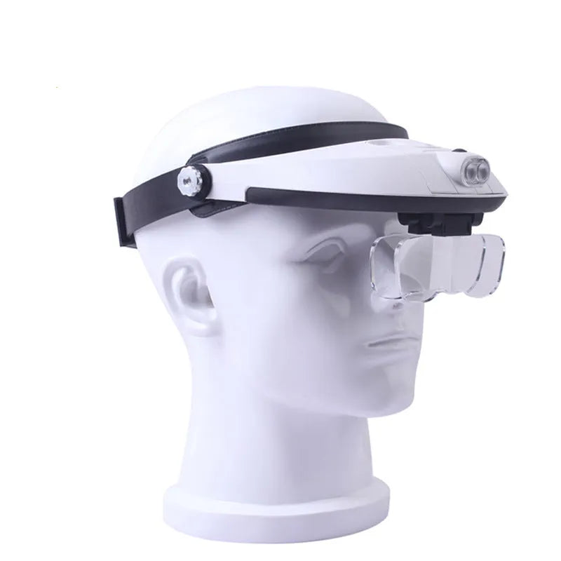 LED headband magnifier with five interchangeable acrylic lenses and dual LED lights for hands-free detailed work