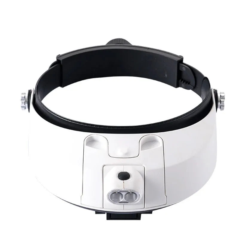 LED headband magnifier with five interchangeable acrylic lenses and dual LED lights for hands-free detailed work